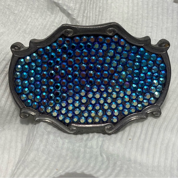 Vintage women’s Blue faceted Rhinestone Belt Buckle Made In USA 90s gray ornate - Picture 1 of 10
